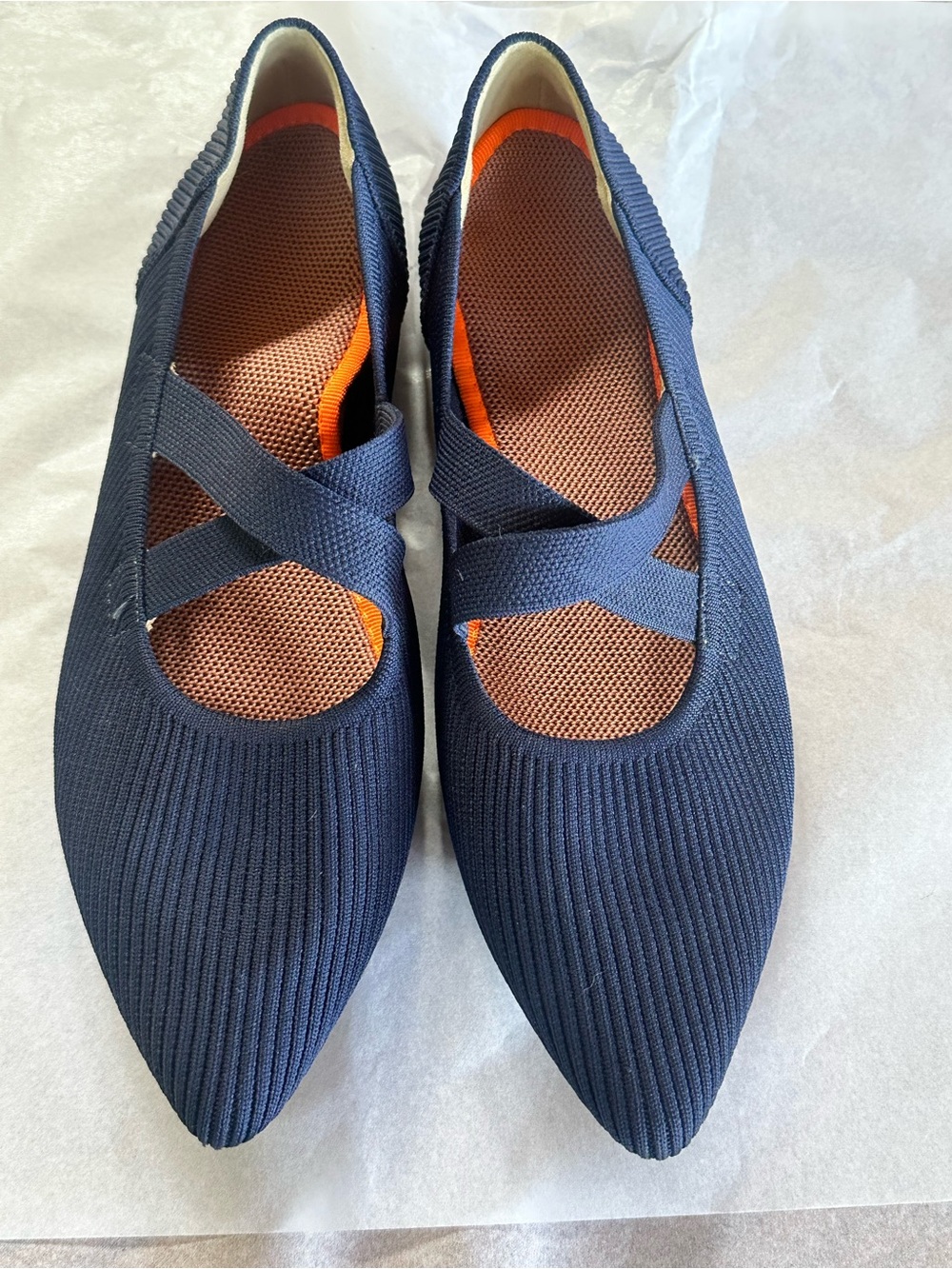 Navy Pointed Knit Ballet Flats with Cross Straps